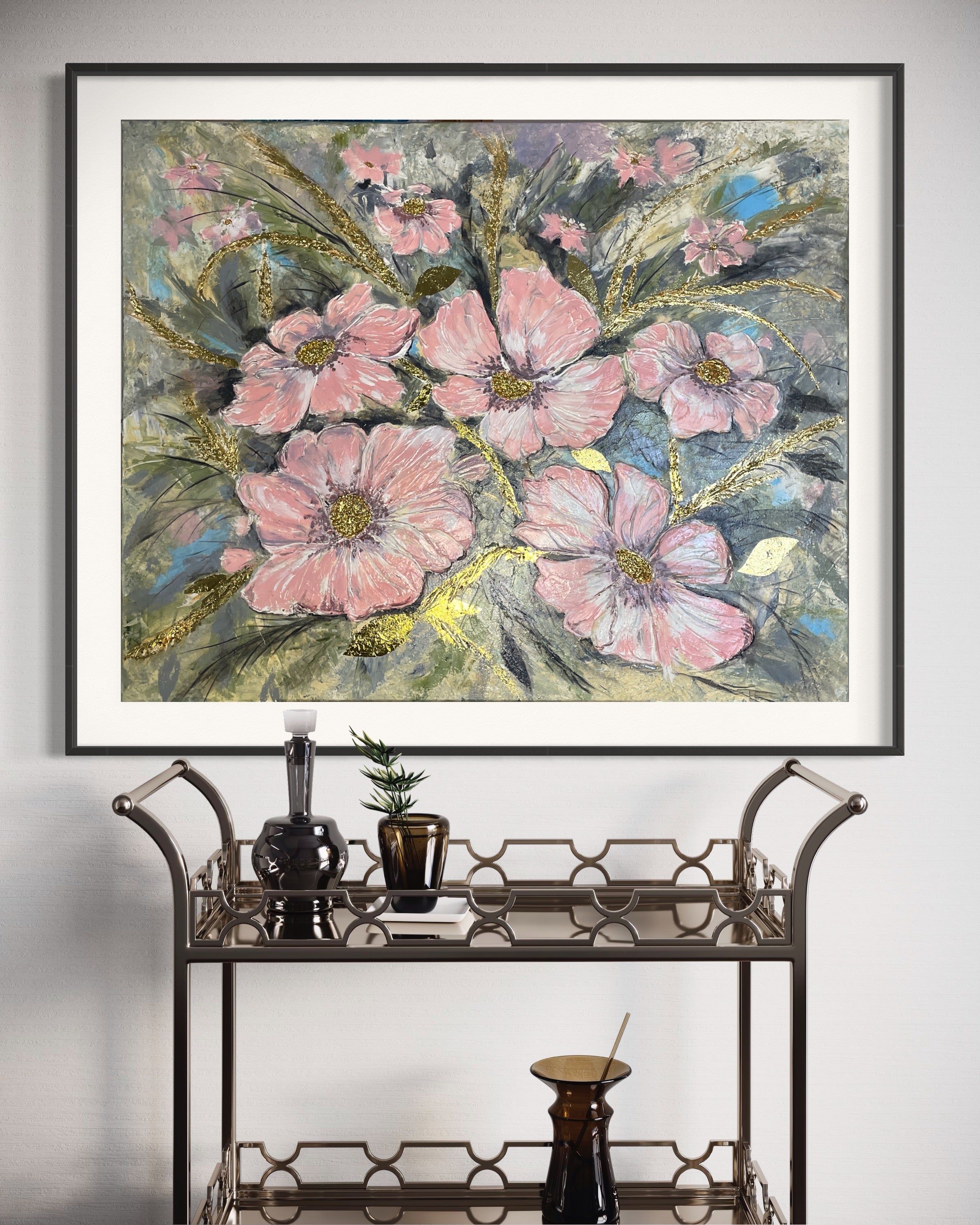 Textured acrylic painting with pink flowers