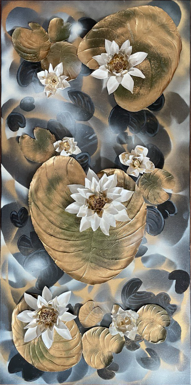 3D water lily wall art - black and gold tones.