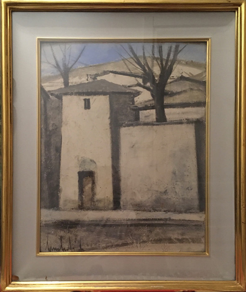 Anónimo - Fachada de casa de campo con árboles desnudos