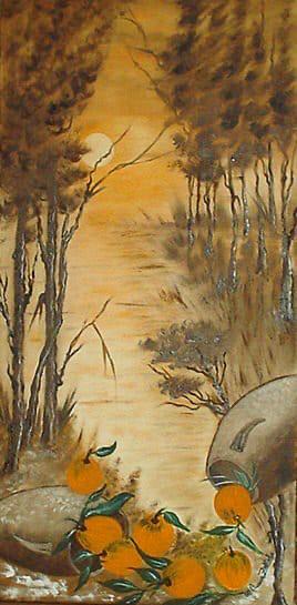 Naranjas y jarras en el paisaje