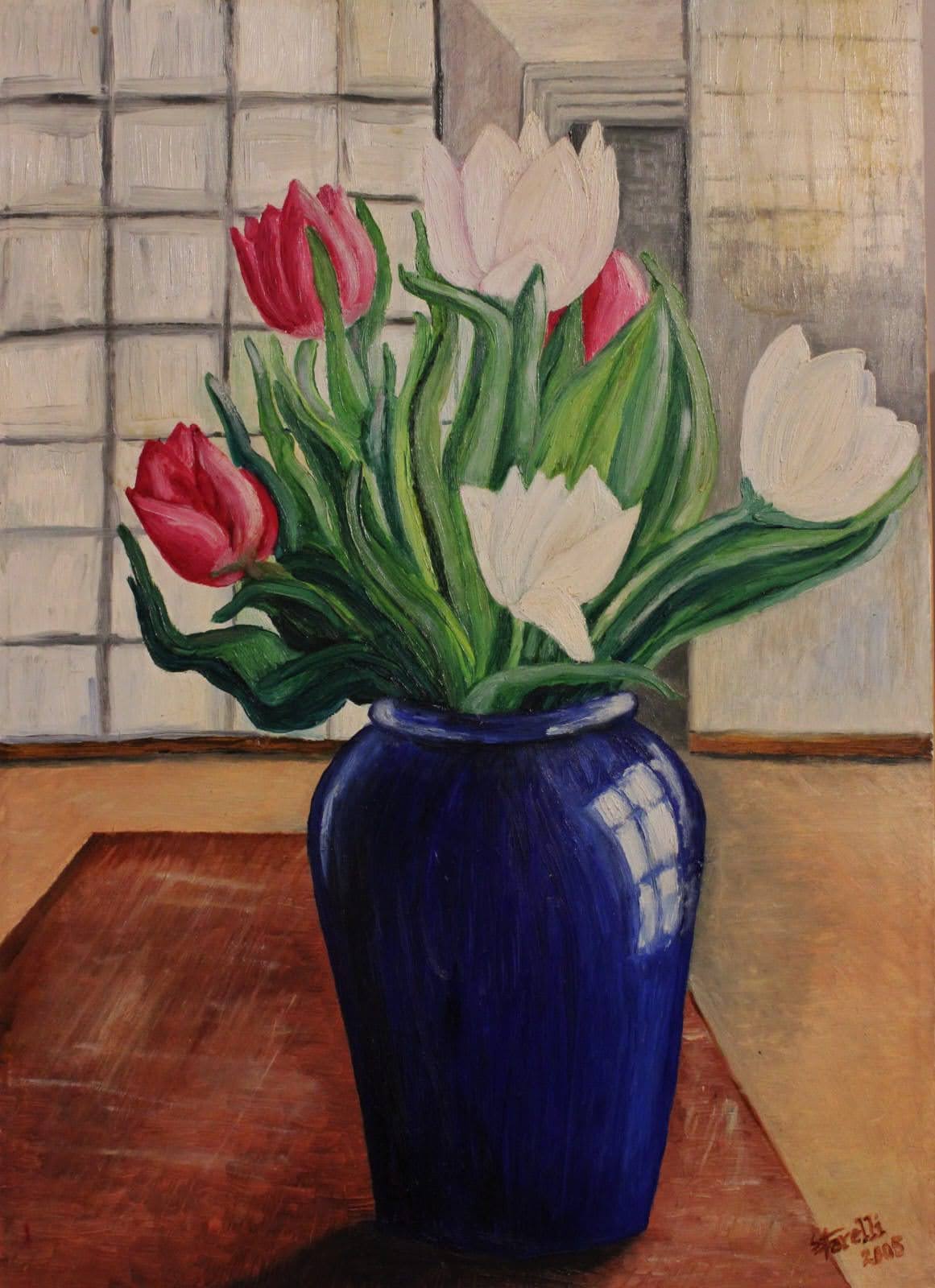 Blue vase with tulips