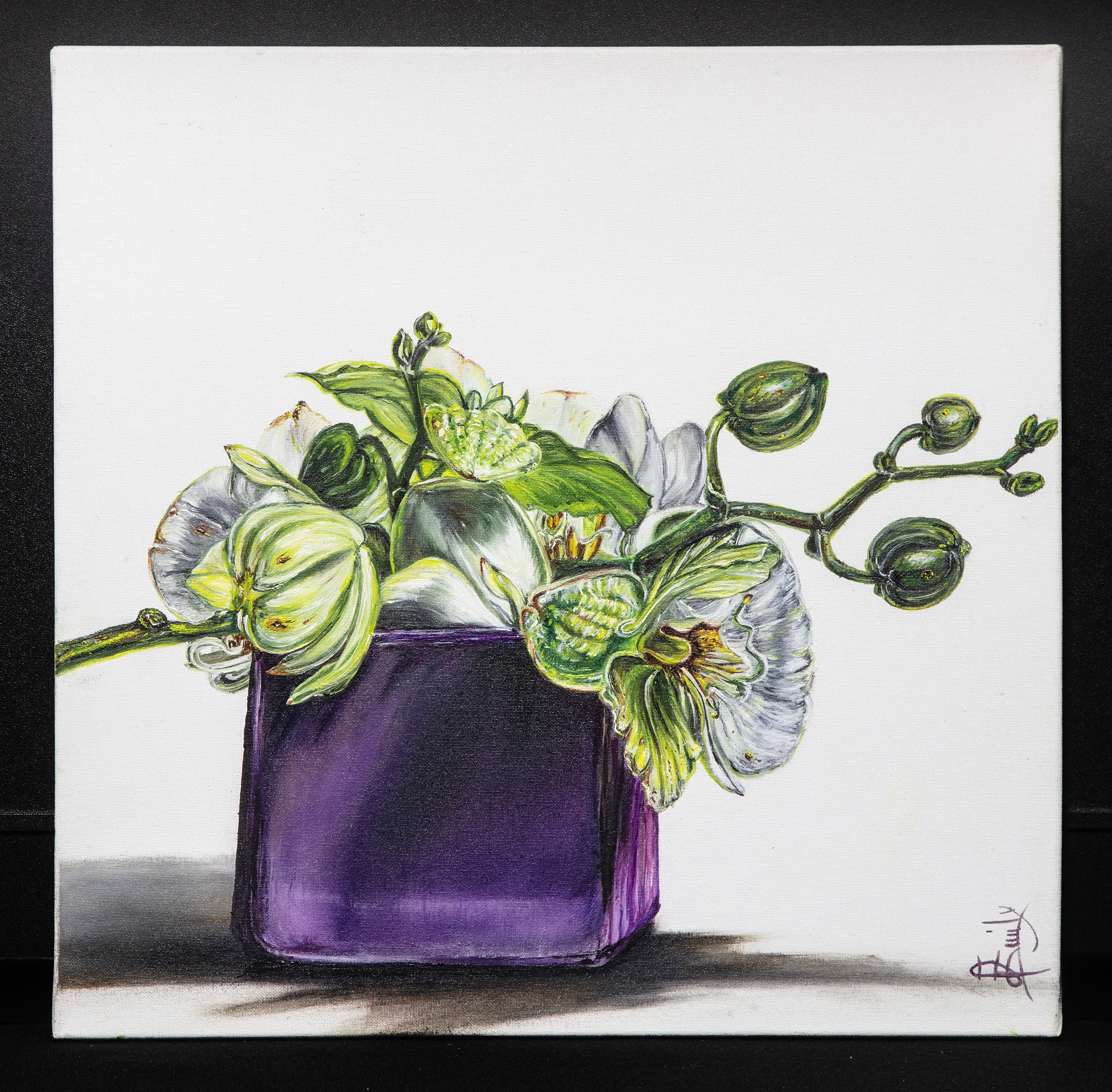 Vaso viola con orchidea bianco/verde
