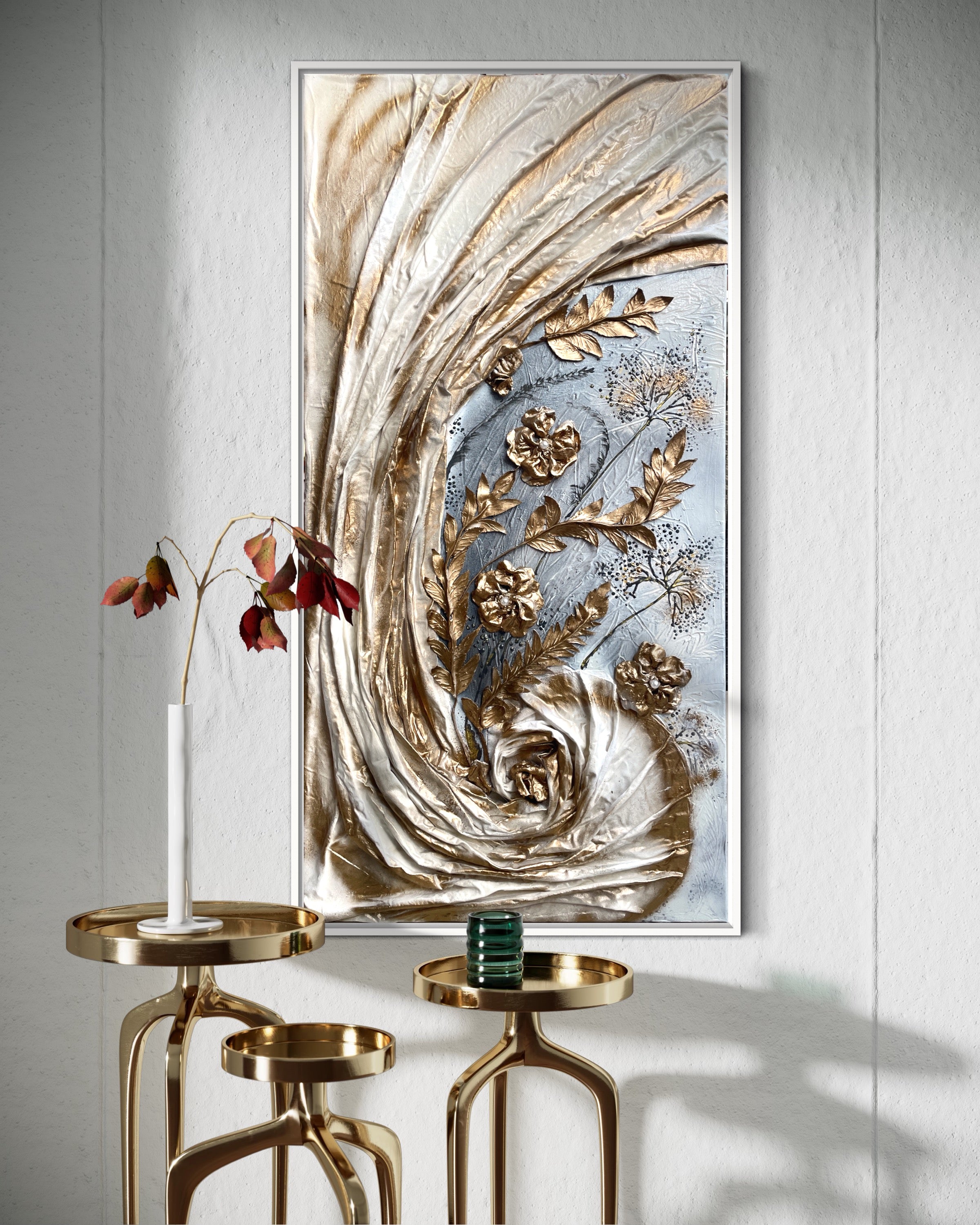 Golden floral abstract painting