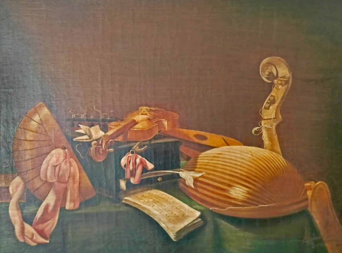 Autor desconocido - Bodegón de instrumentos musicales con cinta rosa