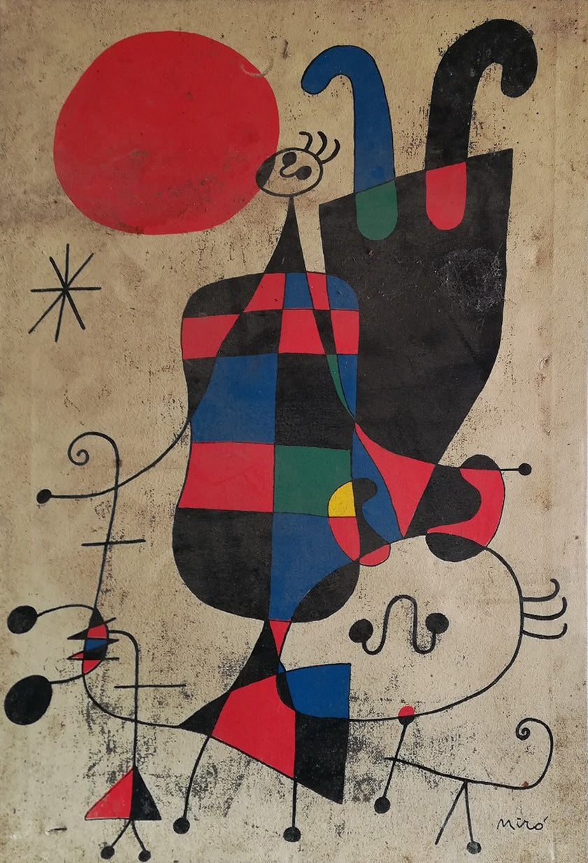 Joan Mirò - Personajes y perro frente al sol