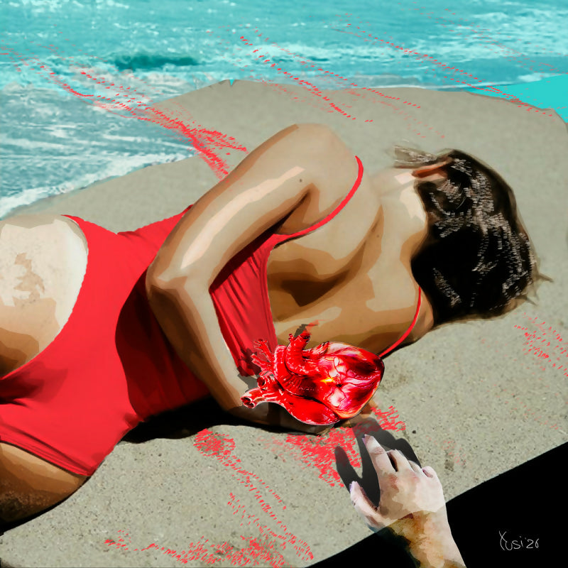 Figura femminile sulla spiaggia con cuore anatomico in Rubacuori