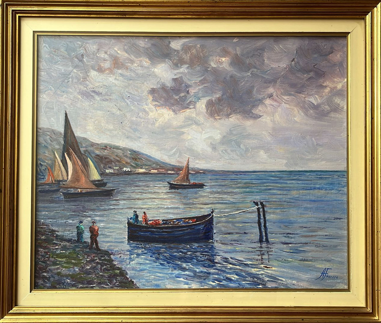 A. Ferrero - Sin título (Paisaje marino con barcos y pescadores)