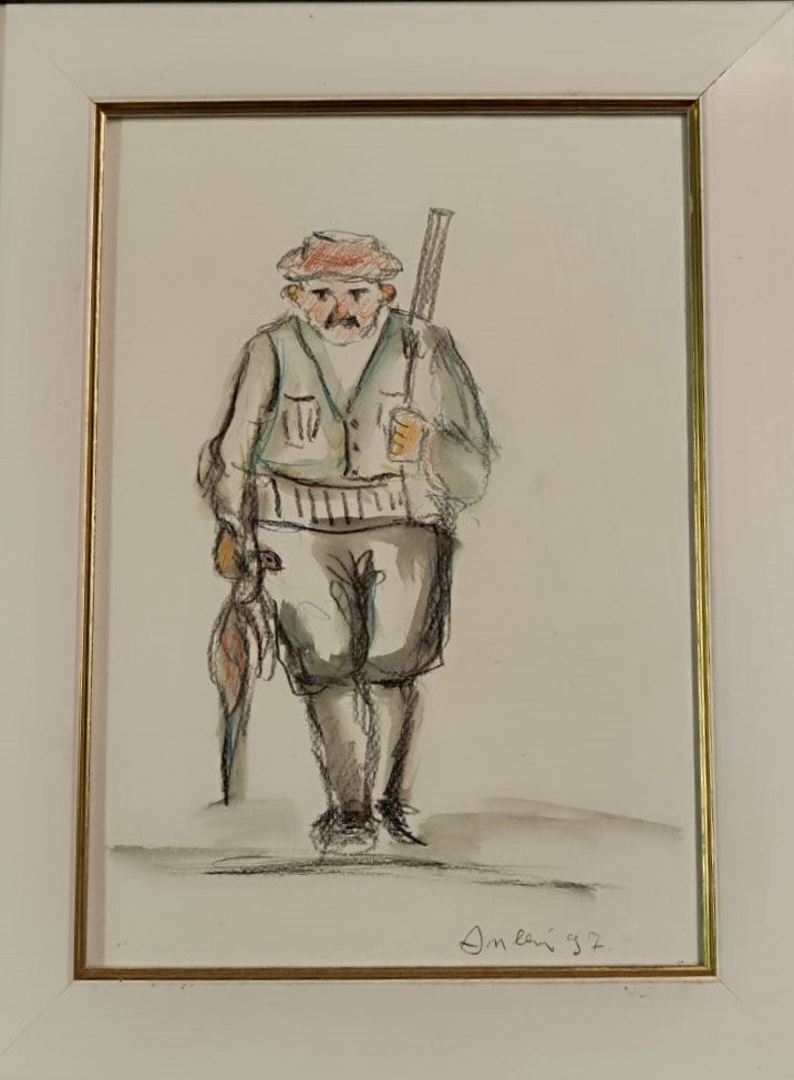 Figura di cacciatore in gouache su carta di C. Anleri