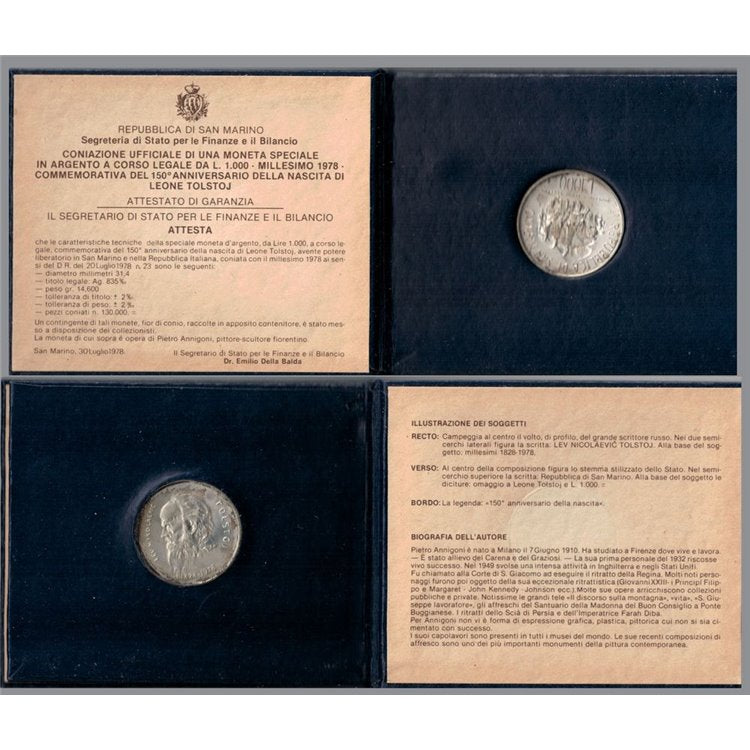 Moneda conmemorativa del 50º aniversario del nacimiento de León Tolstói (1000 liras)