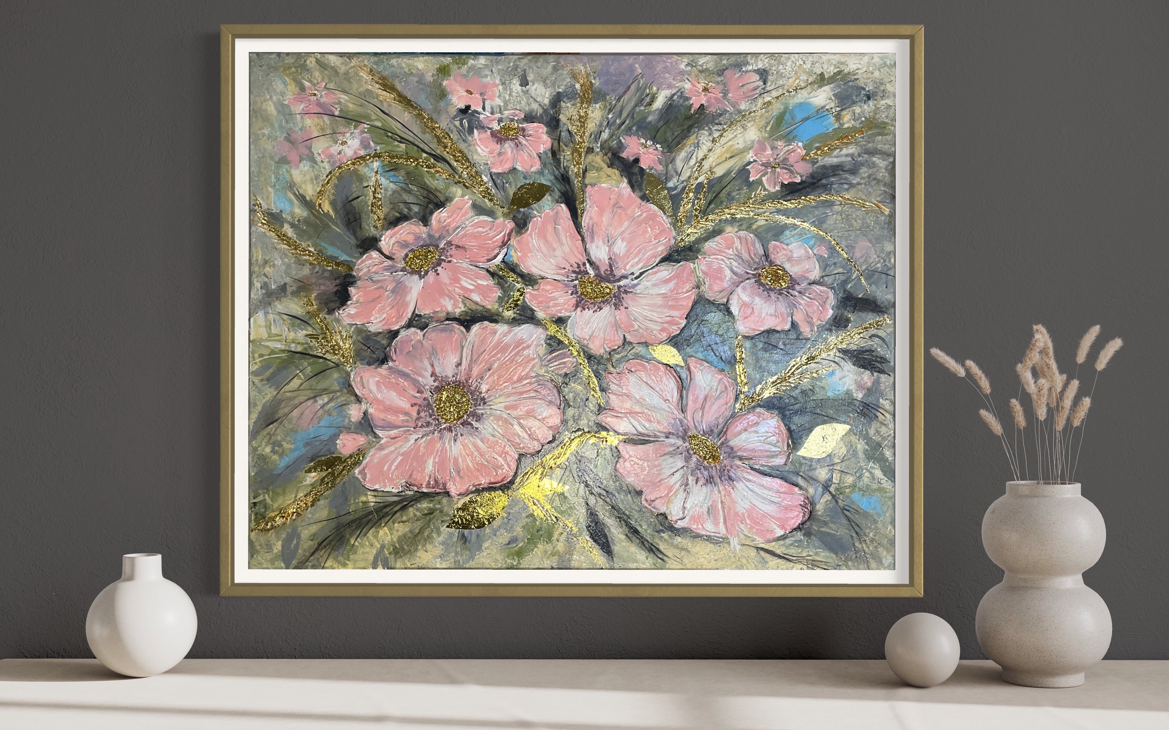 Pittura acrilica testurizzata con fiori rosa