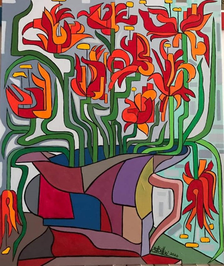 Jarrón con flores rojas
